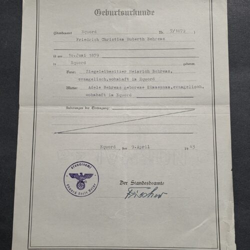 20260911_142409 1943 Nazi German Third Reich Birth Certificate – Equord – Eagle Swastika Official Stamp