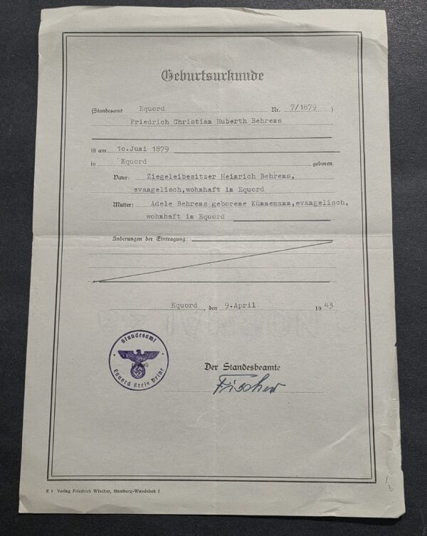 20260911_142409 1943 Nazi German Third Reich Birth Certificate – Equord – Eagle Swastika Official Stamp