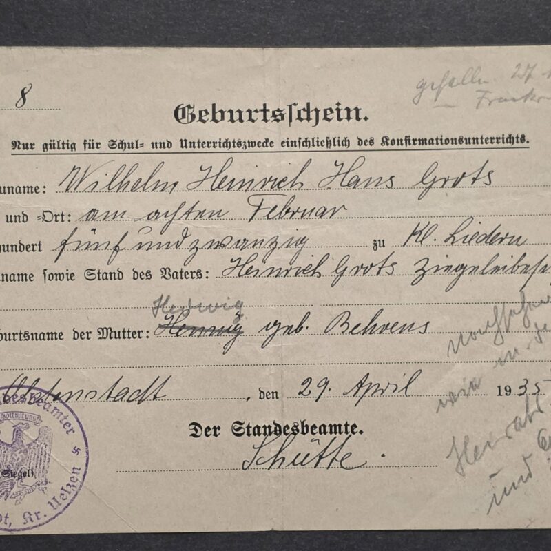 KIA! 1935 Nazi German Third Reich Birth Certificate Soldier Killed in action Document Eagle Swastika Stamp