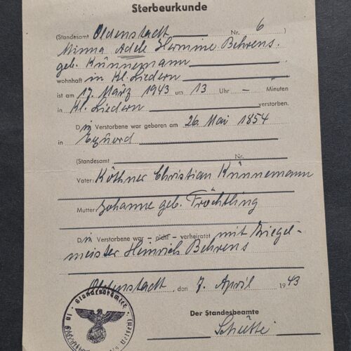 20260911_142530 1943 WW2 Nazi German Death Certificate Oldenstadt Uelzen – Eagle Swastika Stamp Document