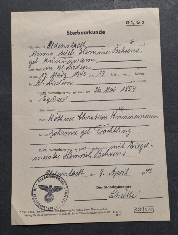 20260911_142530 1943 WW2 Nazi German Death Certificate Oldenstadt Uelzen – Eagle Swastika Stamp Document