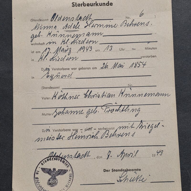 1943 WW2 Nazi German Death Certificate Oldenstadt Uelzen – Eagle Swastika Stamp Document