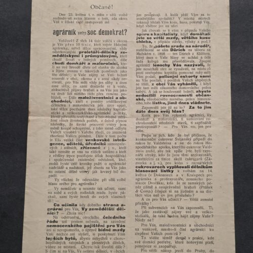 20260911_142830 Original Czech Political Election Leaflet – 38th Electoral District – Agrarian vs Social Democrat