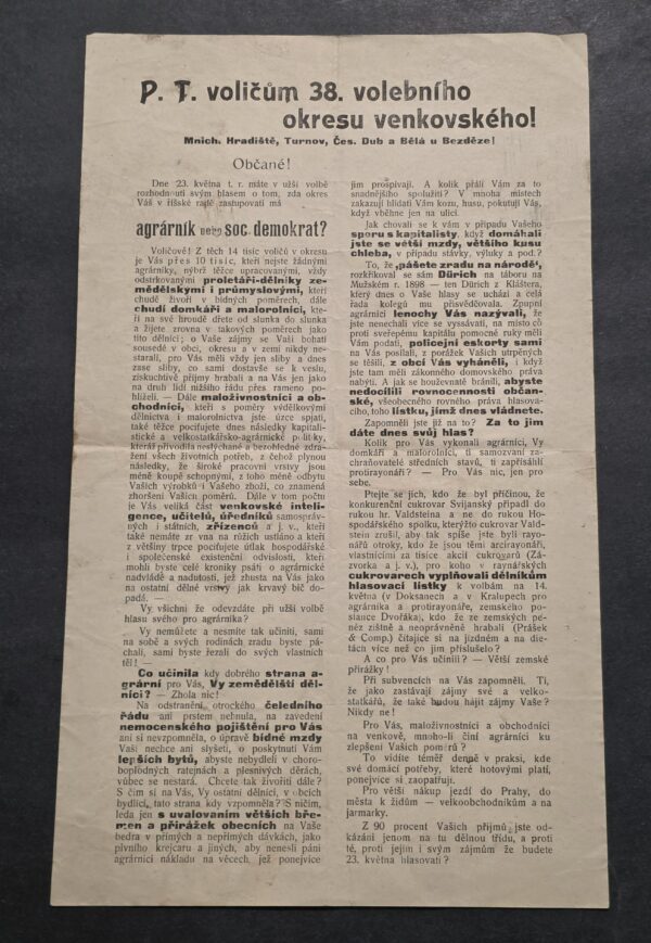 20260911_142830 Original Czech Political Election Leaflet – 38th Electoral District – Agrarian vs Social Democrat