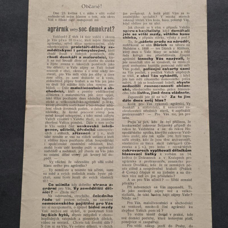20260911_142830 Original Czech Political Election Leaflet – 38th Electoral District – Agrarian vs Social Democrat