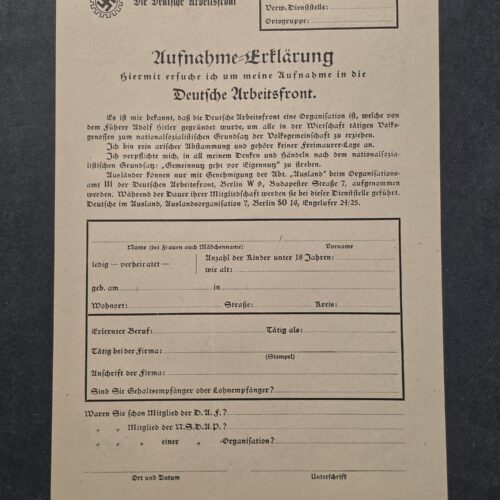 20260911_143632 Original Nazi German Third Reich Deutsche Arbeitsfront DAF NSDAP Membership Application Form Document