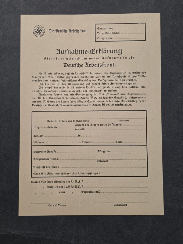 20260911_143632 Original Nazi German Third Reich Deutsche Arbeitsfront DAF NSDAP Membership Application Form Document
