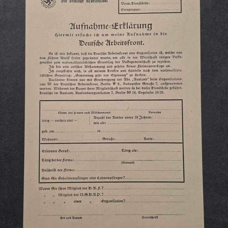 20260911_143632 Original Nazi German Third Reich Deutsche Arbeitsfront DAF NSDAP Membership Application Form Document