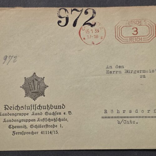 1936 Nazi German Reichsluftschutzbund RLB Sachsen Luftschutzschule Chemnitz Cover Air Protection