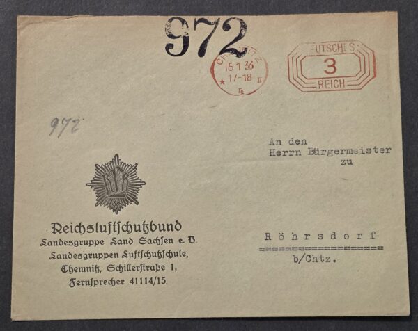 1936 Nazi German Reichsluftschutzbund RLB Sachsen Luftschutzschule Chemnitz Cover Air Protection