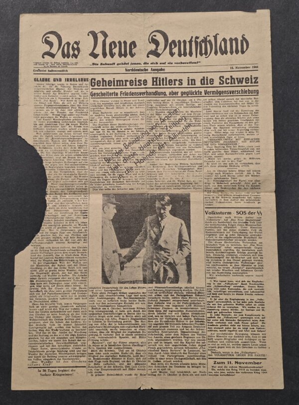 20260911_143744 RARE! Original 1944 Das Neue Deutschland Anti-Nazi CIA Resistance Newspaper – Hitler Switzerland Secret Trip, SS Volkssturm