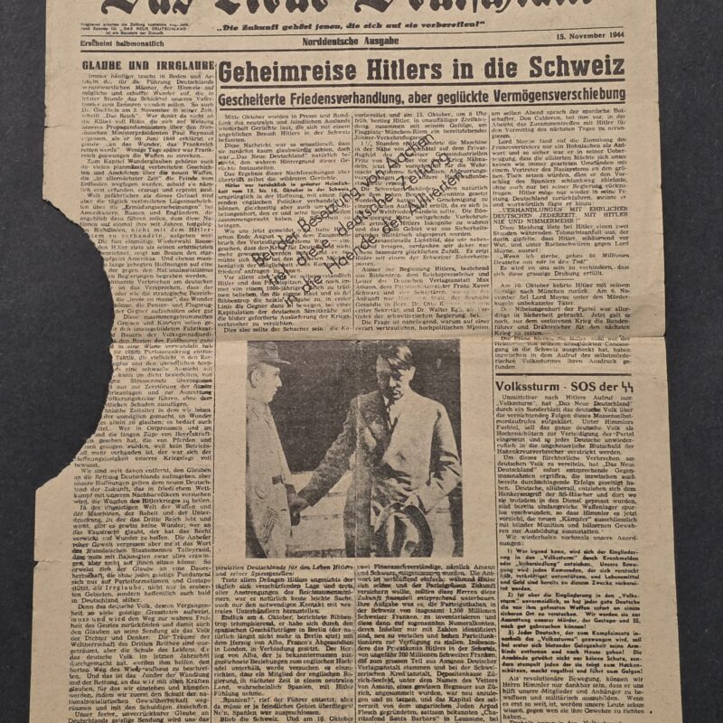 RARE! Original 1944 Das Neue Deutschland Anti-Nazi CIA Resistance Newspaper – Hitler Switzerland Secret Trip, SS Volkssturm