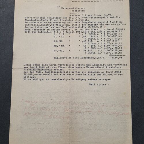 Rare WW2 German 1944 Third Reich War Damage Claim Document Wiesbaden-Biebrich Bombing Raid Heil Hitler!