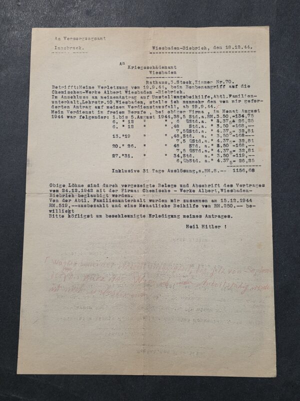 Rare WW2 German 1944 Third Reich War Damage Claim Document Wiesbaden-Biebrich Bombing Raid Heil Hitler!