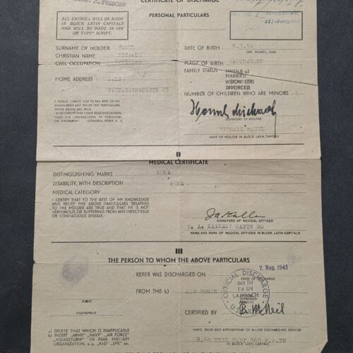 20260911_144454 Original 1945 WW2 German Luftwaffe Soldier POW Allied Discharge Certificate Document US 868th FA BN