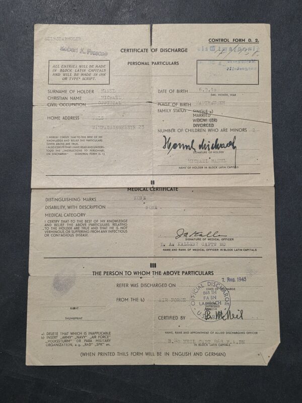 20260911_144454 Original 1945 WW2 German Luftwaffe Soldier POW Allied Discharge Certificate Document US 868th FA BN
