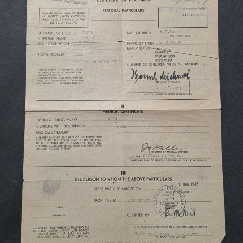 Original 1945 WW2 German Luftwaffe Soldier POW Allied Discharge Certificate Document US 868th FA BN