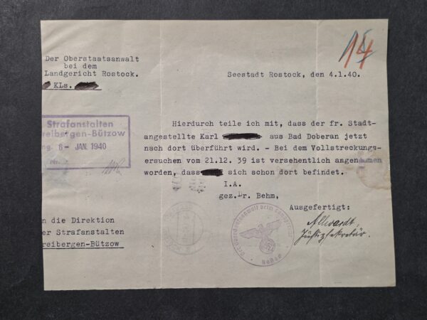 20260911_144613 RARE WW2 Nazi German Third Reich Prison - Prisoner Transfer for Execution document 1940