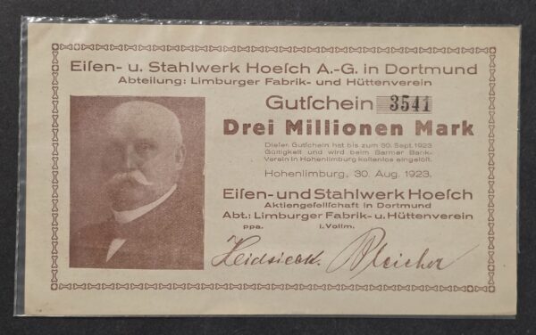 Original 1923 German 3 Million Mark Note Hoesch Steel Works Hyperinflation Gutschein Currency