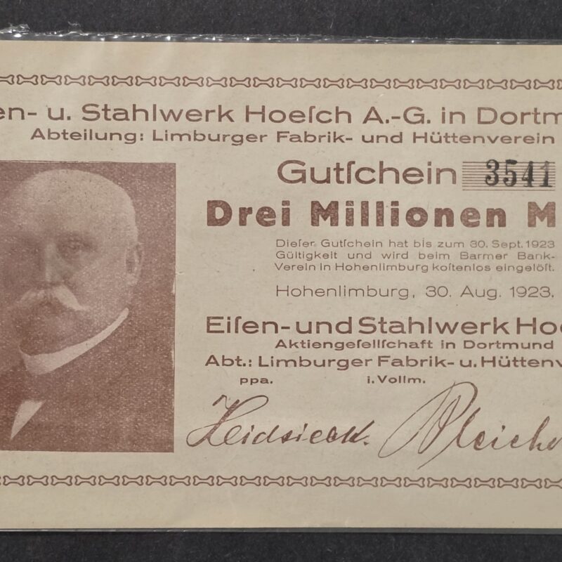 20260911_144656 Original 1923 German 3 Million Mark Note Hoesch Steel Works Hyperinflation Gutschein Currency