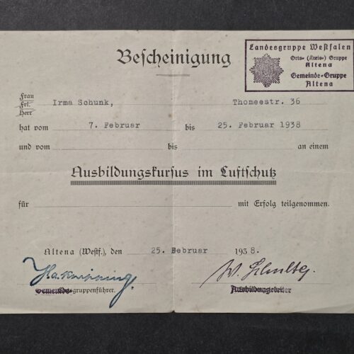 20260911_144730 Original 1938 Nazi German Female Luftschutz RLB Air Raid Protection Training Course Certificate Document Altena