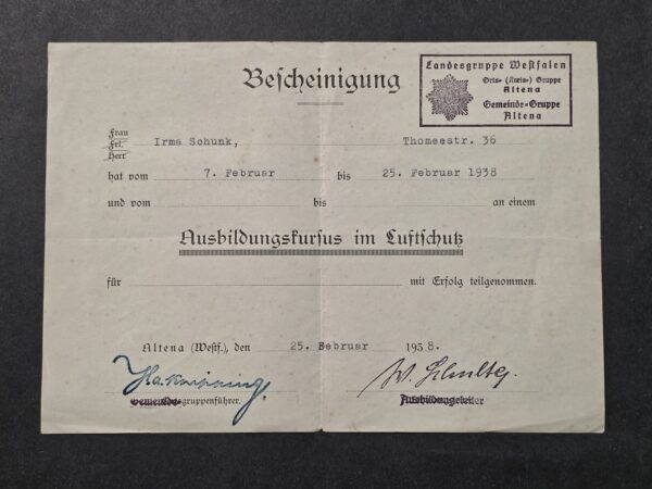20260911_144730 Original 1938 Nazi German Female Luftschutz RLB Air Raid Protection Training Course Certificate Document Altena