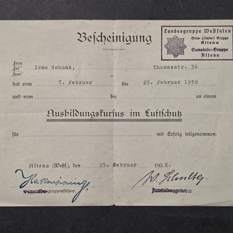 Original 1938 Nazi German Female Luftschutz RLB Air Raid Protection Training Course Certificate Document Altena
