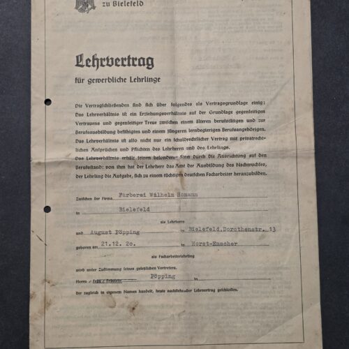 20260911_144818 Original 1937 German Third Reich Bielefeld Industry Commerce Apprentice Contract – Eagle Swastika – Multiple Pages