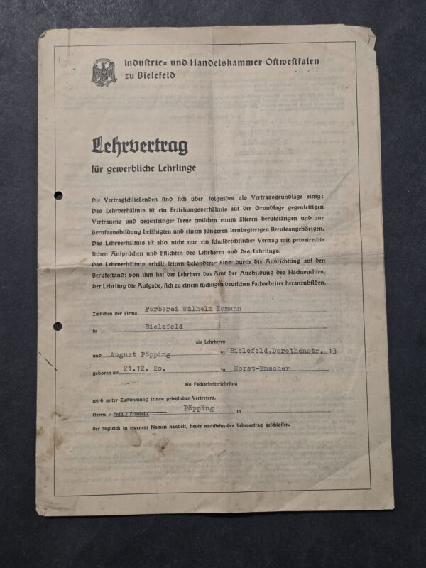 20260911_144818 Original 1937 German Third Reich Bielefeld Industry Commerce Apprentice Contract – Eagle Swastika – Multiple Pages