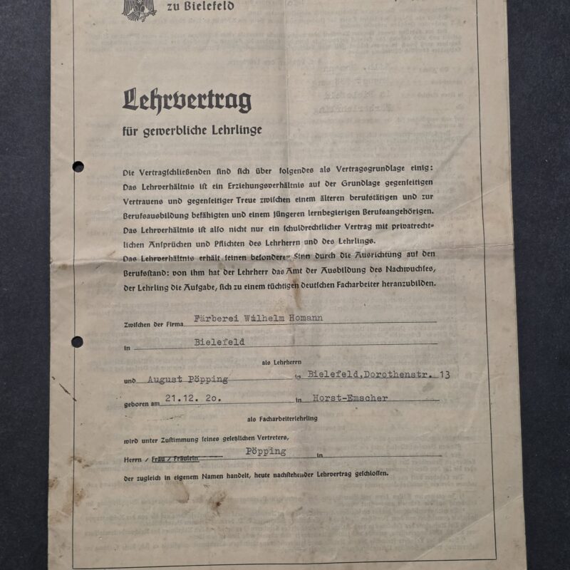 Original 1937 German Third Reich Bielefeld Industry Commerce Apprentice Contract – Eagle Swastika – Multiple Pages