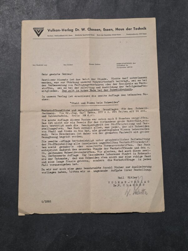 20260911_144934 WW2 Nazi German 1943 Third Reich Vulkan-Verlag Welding Industry Letter Document Signed Heil Hitler!