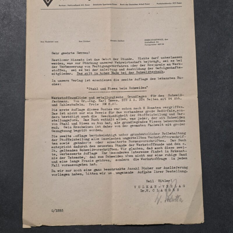 WW2 Nazi German 1943 Third Reich Vulkan-Verlag Welding Industry Letter Document Signed Heil Hitler!