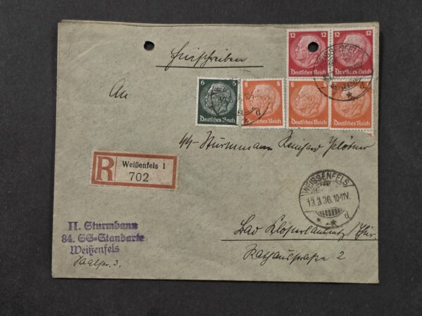 20260912_131302 Rare Original Nazi German Third Reich 1936 SS-Standarte Weißenfels Registered Cover Hindenburg Stamps