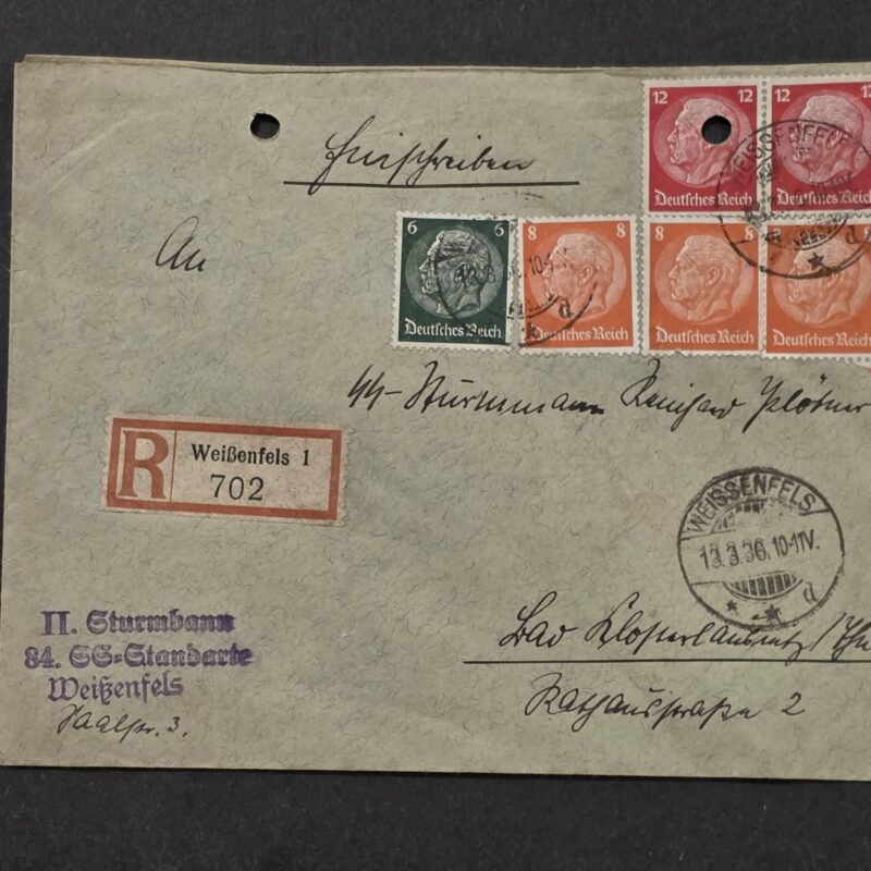 Rare Original Nazi German Third Reich 1936 SS-Standarte Weißenfels Registered Cover Hindenburg Stamps