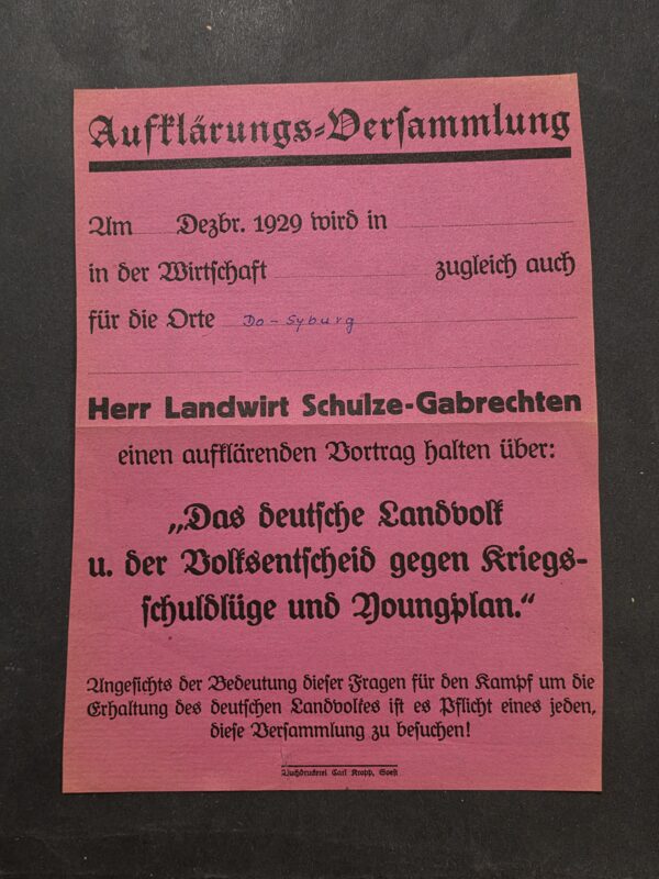 1929 German Landvolk Protest Meeting Poster Young Plan War Reparations Leaflet Document