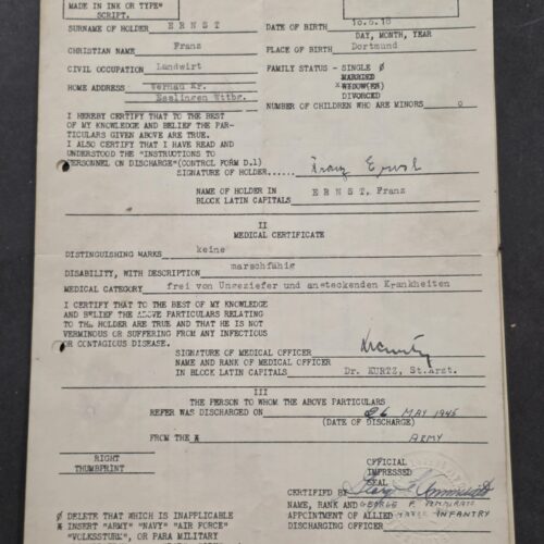 20260912_132606 Military Veterinarian 1945 WW2 German Army Allied Control Discharge Papers Franz Ernst 2 Document Lot