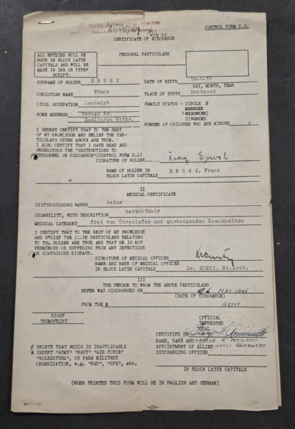 20260912_132606 Military Veterinarian 1945 WW2 German Army Allied Control Discharge Papers Franz Ernst 2 Document Lot