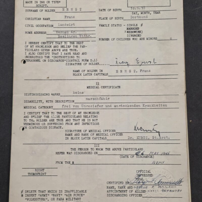 Military Veterinarian 1945 WW2 German Army Allied Control Discharge Papers Franz Ernst 2 Document Lot