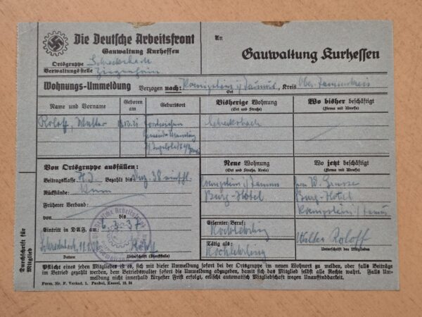 20260912_132712 Nazi German Third Reich DAF Deutsche Arbeitsfront Membership Transfer Form Document w Swastika Cogwheel