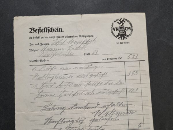 1933 Early Nazi German VNCM Christian Furniture Dealers Order Form Swastika Dortmund