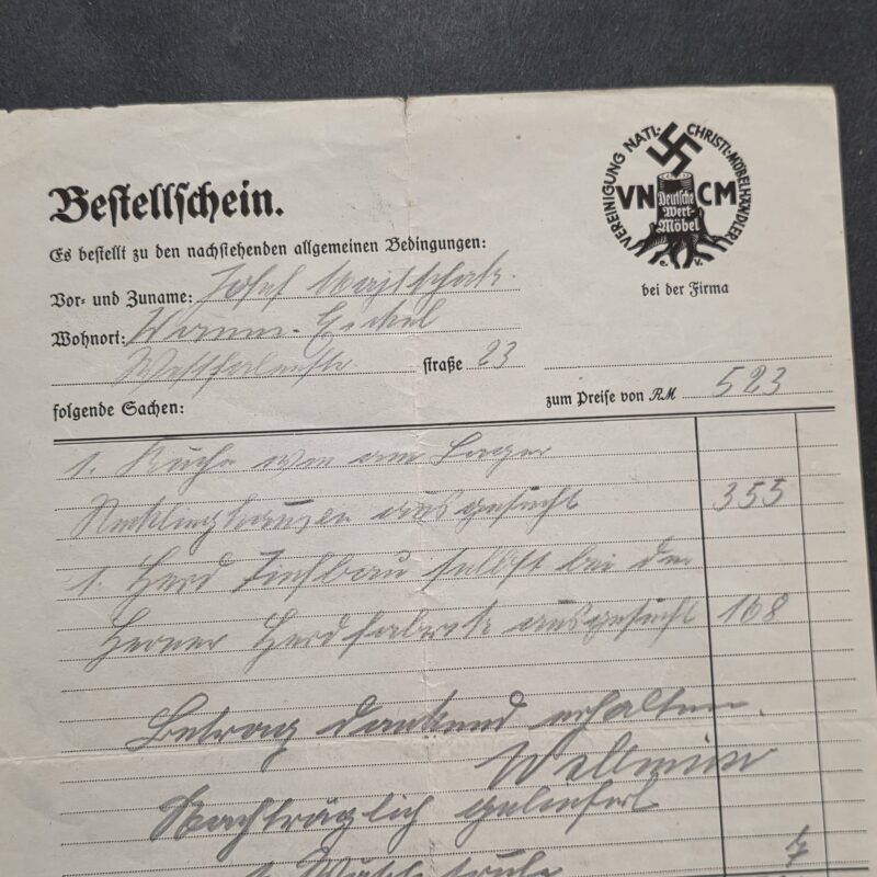 1933 Early Nazi German VNCM Christian Furniture Dealers Order Form Swastika Dortmund