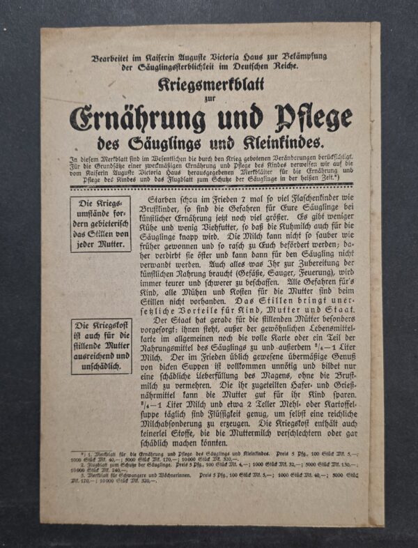 WWI German Wartime Infant Child Care Nutrition Leaflet Kaiserin Auguste Victoria