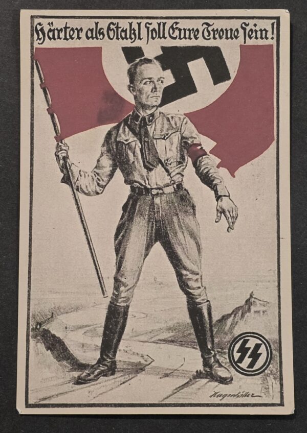 20260913_150726 WW2 Nazi German Third Reich SS Man w NSDAP Swastika Flag Postcard w Swastika Stamp