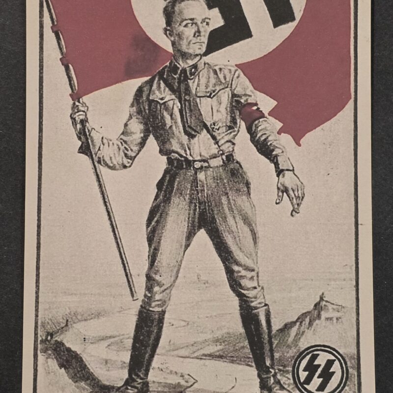 WW2 Nazi German Third Reich SS Man w NSDAP Swastika Flag Postcard w Swastika Stamp