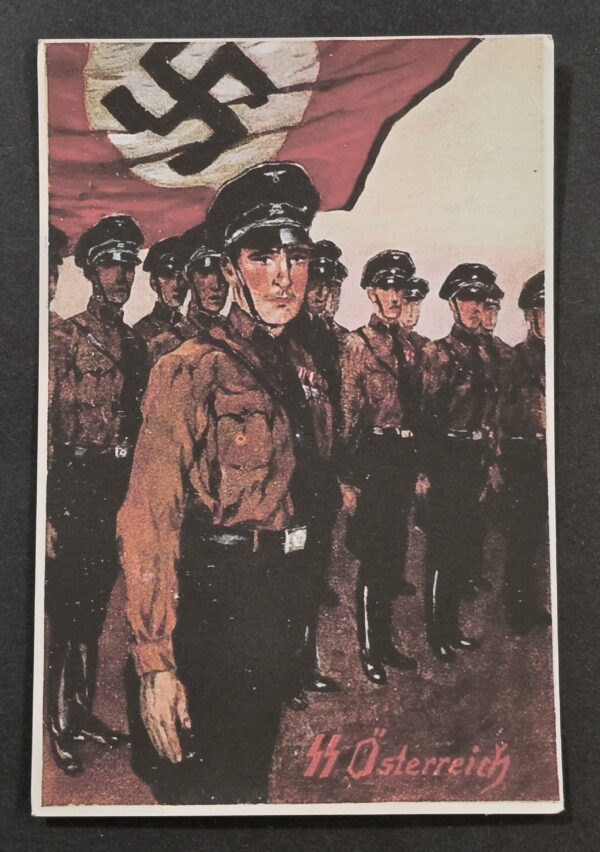 WW2 Nazi German Third Reich SS Man Austria w NSDAP Swastika Flag Postcard w Swastika Stamp