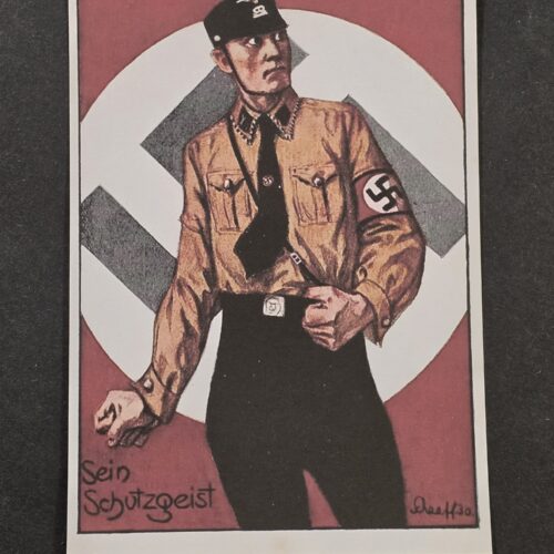 WW2 Nazi German Third Reich SS Man w Totenkopf Kepi Hat NSDAP Swastika Flag Postcard w Swastika Stamp