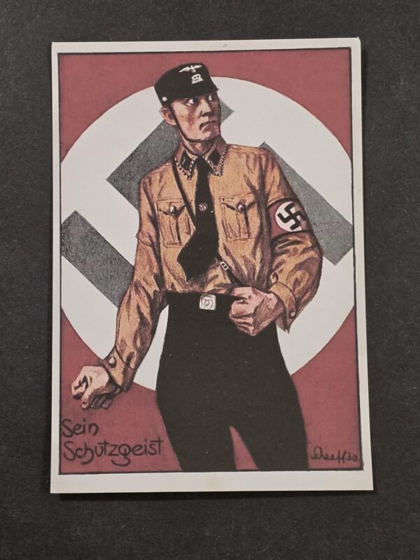 WW2 Nazi German Third Reich SS Man w Totenkopf Kepi Hat NSDAP Swastika Flag Postcard w Swastika Stamp