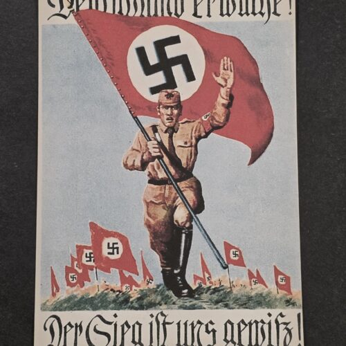 WW2 Nazi German Deutschland Erwache! Third Reich SA Man w NSDAP Swastika Flag Postcard w Swastika Stamp