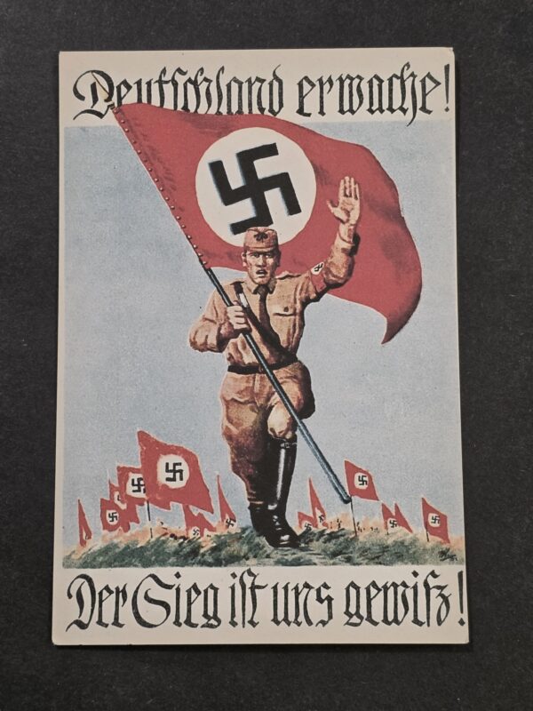 WW2 Nazi German Deutschland Erwache! Third Reich SA Man w NSDAP Swastika Flag Postcard w Swastika Stamp