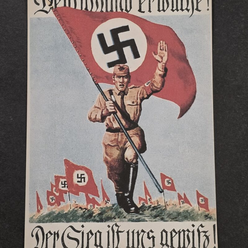 WW2 Nazi German Deutschland Erwache! Third Reich SA Man w NSDAP Swastika Flag Postcard w Swastika Stamp